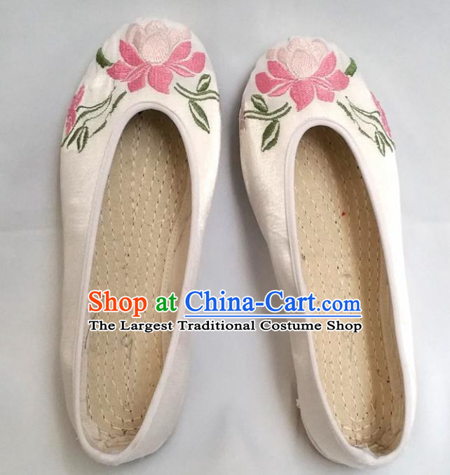 Chinese Ancient Princess Shoes Traditional Cloth Shoes Hanfu Shoes White Embroidered Lotus Shoes for Women