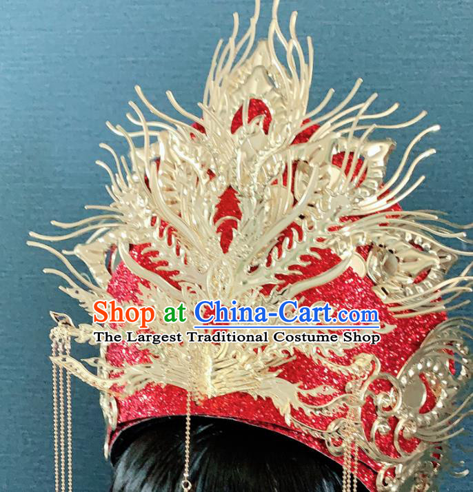 Chinese Handmade Red Phoenix Hat Hair Accessories Halloween Modern Fancywork Headwear for Women