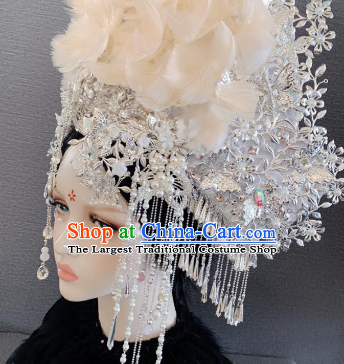 Chinese Handmade White Feather Phoenix Coronet Hair Accessories Halloween Modern Fancywork Headwear for Women