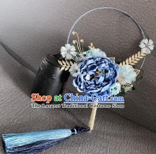 Chinese Traditional Wedding Palace Fans Ancient Bride Blue Peony Phoenix Round Fans for Women