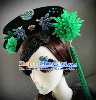 Traditional Chinese Ancient Palace Green Velvet Chrysanthemum Hair Accessories Qing Dynasty Queen Headwear for Women