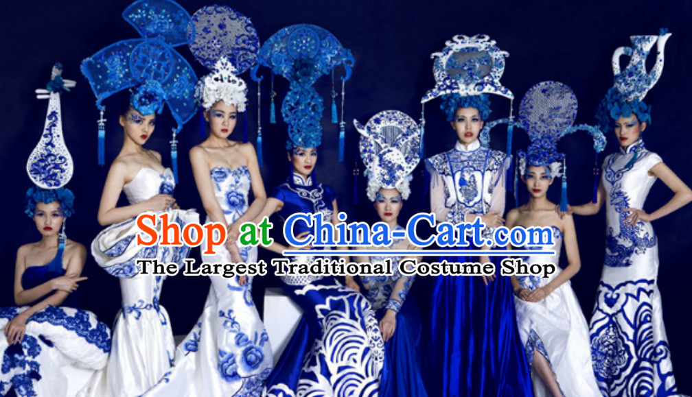 Traditional Blue and White Porcelain Silk Fabric Maxi Dress Long Evening Dresses