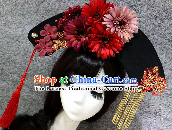 Chinese Ancient Palace Headwear Traditional Qing Dynasty Manchu Red Flowers Hair Accessories for Women