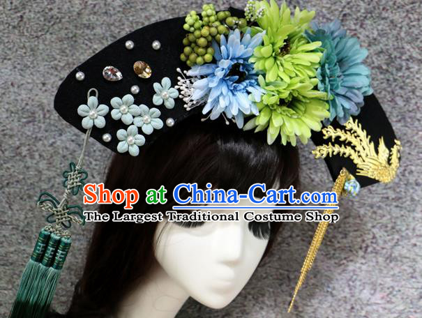 Chinese Ancient Palace Headwear Traditional Qing Dynasty Manchu Green Flowers Hair Accessories for Women
