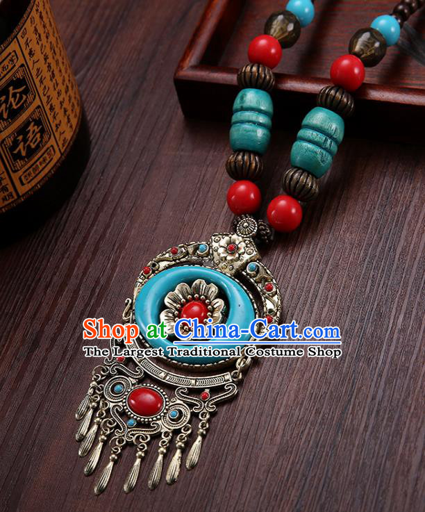 Handmade Chinese Zang Nationality Necklace Traditional Ethnic Blue Necklet Accessories for Women