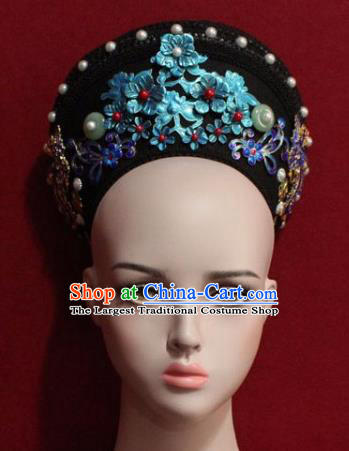 Chinese Ancient Manchu Empress Headwear Blueing Flowers Hat Traditional Qing Dynasty Queen Hair Accessories for Women