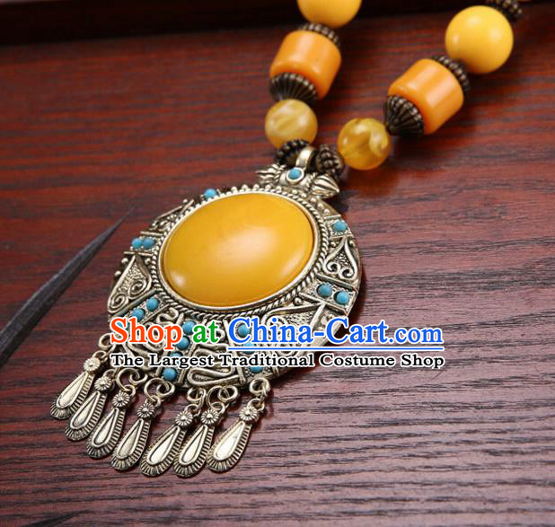 Handmade Chinese Ethnic Tibetan Yellow Necklace Traditional Zang Nationality Necklet Accessories for Women