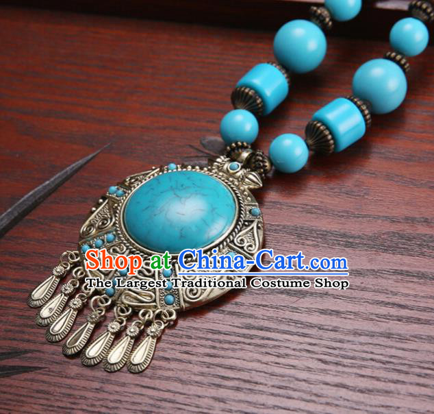Handmade Chinese Ethnic Tibetan Blue Necklace Traditional Zang Nationality Necklet Accessories for Women