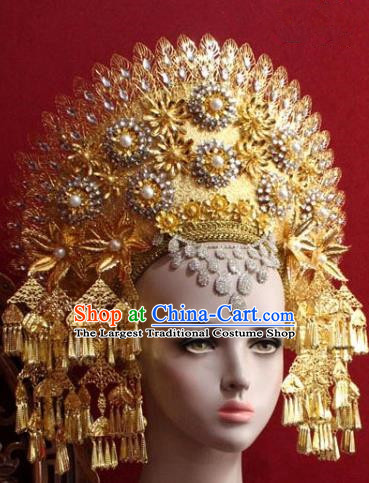 Handmade Thailand Traditional Hair Accessories Ancient Queen Golden Tassel Royal Crown for Women