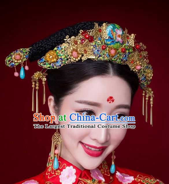 Chinese Ancient Bride Hairpins Cloisonne Lotus Phoenix Coronet Traditional Palace Wedding Hair Accessories Complete Set for Women