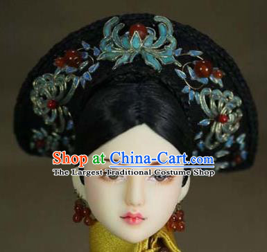 Chinese Ancient Palace Imperial Consort Blueing Hair Ornament Headwear Traditional Qing Dynasty Manchu Queen Hair Accessories for Women