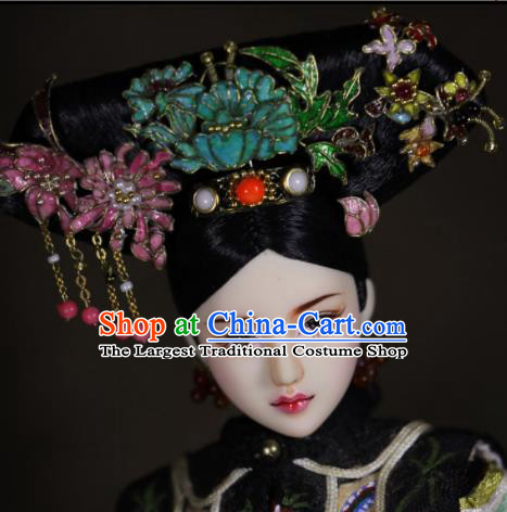 Chinese Ancient Cloisonne Peony Headwear Traditional Qing Dynasty Palace Manchu Imperial Consort Hair Accessories for Women