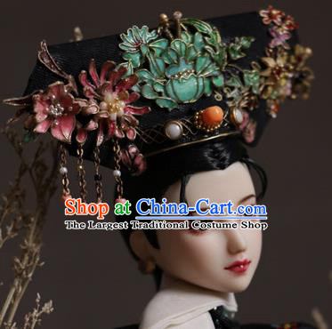 Chinese Ancient Cloisonne Peony Headwear Traditional Qing Dynasty Palace Manchu Imperial Consort Hair Accessories for Women
