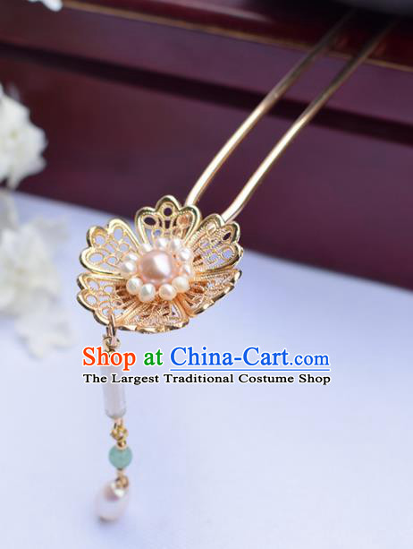 Chinese Ancient Princess Golden Hairpins Pearls Tassel Step Shake Traditional Hanfu Hair Accessories for Women