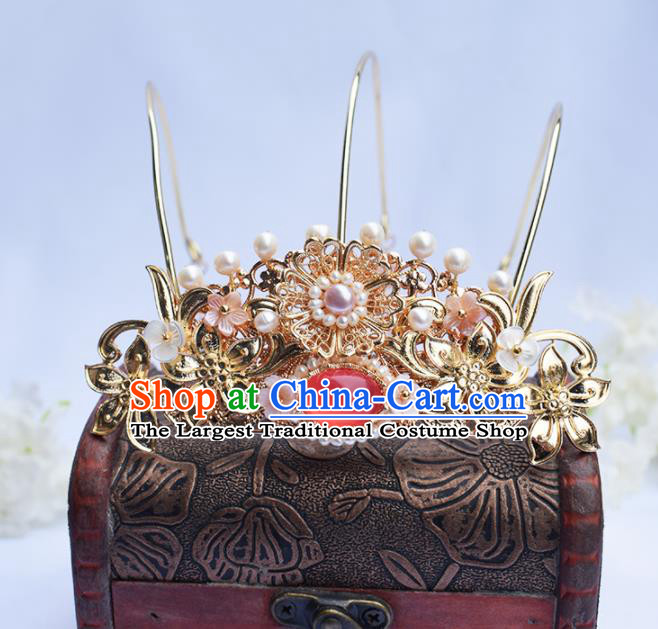 Chinese Ancient Princess Hairpins Pearls Tassel Phoenix Coronet Traditional Hanfu Hair Accessories for Women