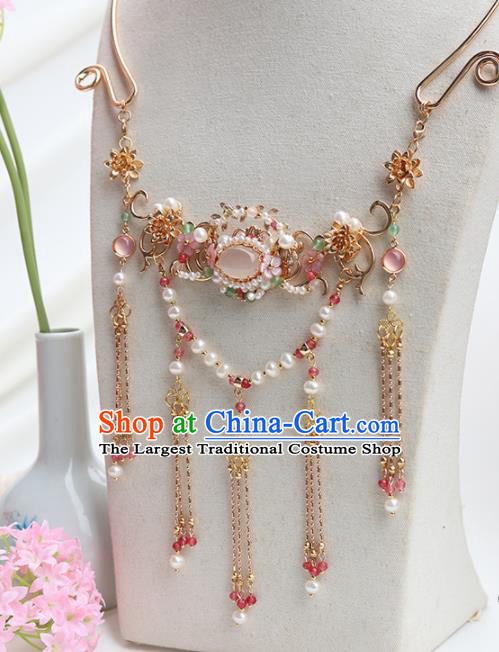 Handmade Chinese Hanfu Necklace Traditional Ancient Princess Rose Chalcedony Necklet Accessories for Women