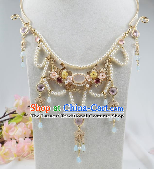 Handmade Chinese Hanfu Necklace Traditional Ancient Princess White Chalcedony Necklet Accessories for Women