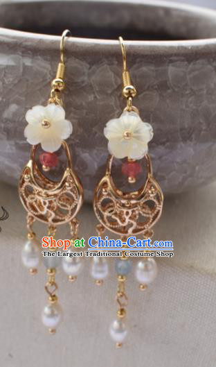 Chinese Ancient Princess Shell Flower Ear Accessories Traditional Hanfu Pearls Tassel Earrings for Women