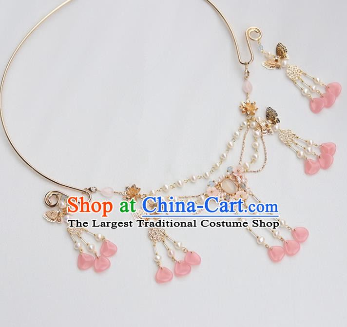 Handmade Chinese Hanfu Pearls Necklace Traditional Ancient Princess Chalcedony Tassel Necklet Accessories for Women