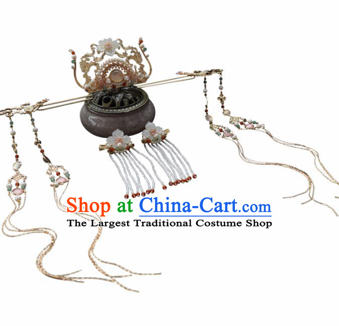 Chinese Ancient Princess Palace Shell Lotus Hair Crown Tassel Hairpins Traditional Handmade Hanfu Hair Accessories Complete Set for Women