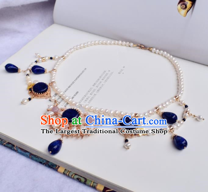 Handmade Chinese Hanfu Blue Stone Necklace Traditional Ancient Princess Necklet Accessories for Women