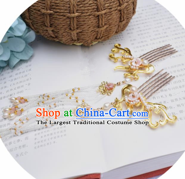 Chinese Ancient Princess Tassel Golden Hair Combs Palace Hairpins Traditional Handmade Hanfu Hair Accessories for Women