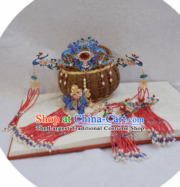 Chinese Ancient Princess Cloisonne Phoenix Coronet Palace Hairpins Traditional Handmade Hanfu Hair Accessories for Women