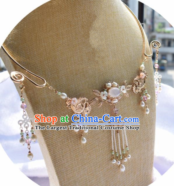 Handmade Chinese Hanfu White Chalcedony Tassel Necklace Traditional Ancient Princess Necklet Accessories for Women