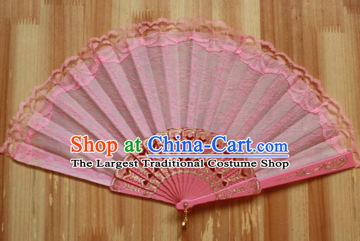 Chinese Handmade Classical Light Pink Lace Folding Fans Folk Dance Accordion Fan for Women