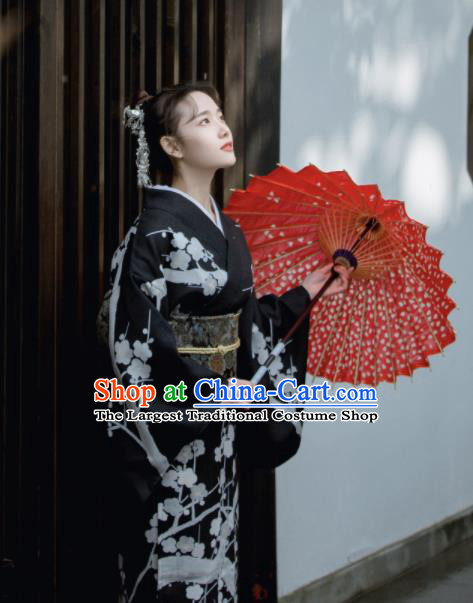 Japanese Handmade Printing Sakura Black Kimono Costume Japan Traditional Yukata Dress for Women