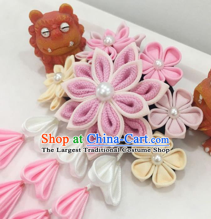 Japan Traditional Yukata Pink Flowers Tassel Hair Claw Japanese Handmade Kimono Hair Accessories for Women