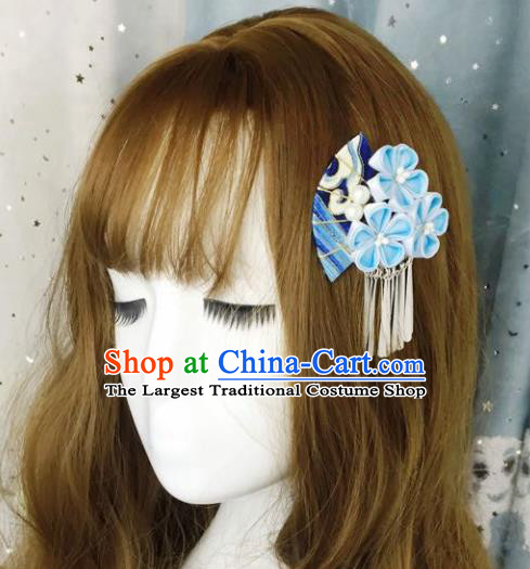 Japan Traditional Yukata Blue Flowers Fan Tassel Hair Claw Japanese Handmade Kimono Hair Accessories for Women