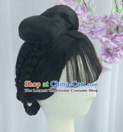 Handmade Chinese Ancient Tang Dynasty Court Maid Headpiece Chignon Traditional Hanfu Blunt Bangs Wigs Sheath for Women