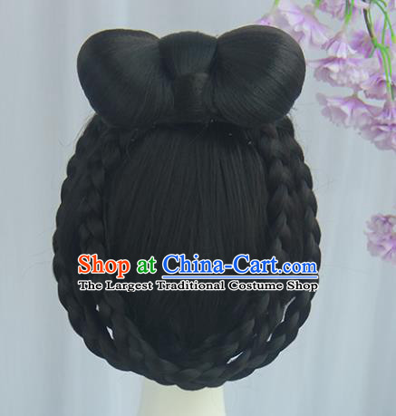 Handmade Chinese Ancient Tang Dynasty Court Maid Headpiece Chignon Traditional Hanfu Blunt Bangs Wigs Sheath for Women