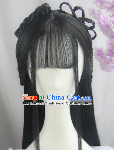 Handmade Chinese Ancient Swordswoman Headpiece Chignon Traditional Hanfu Blunt Bangs Wigs Sheath for Women