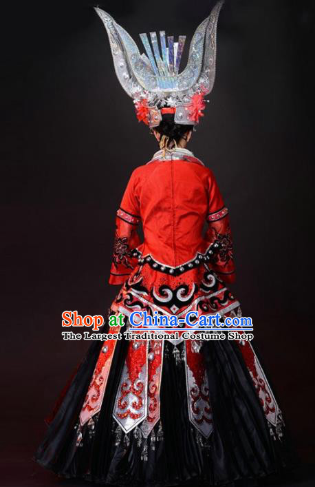 Chinese Miao Nationality Ethnic Dance Costume Traditional Hmong Wedding Bride Red Dress and Headwear for Women
