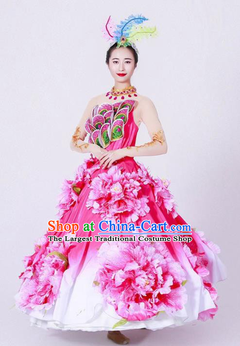 Chinese Spring Festival Gala Classical Dance Costume Traditional Opening Dance Peony Rosy Dress for Women