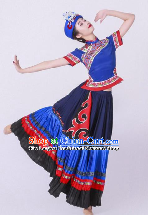 Chinese Yi Nationality Ethnic Dance Costume Traditional Minority Dance Blue for Women