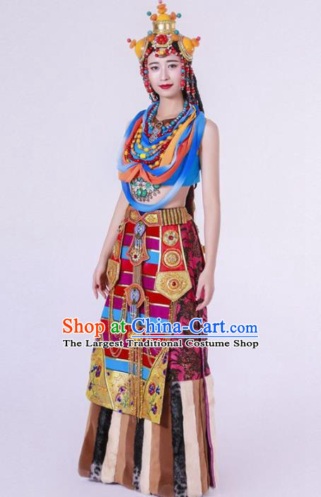 Chinese Zang Nationality Ethnic Dance Costume Traditional Tibetan Minority Dance Dress for Women