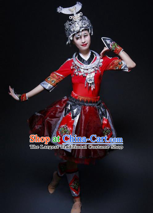 Chinese Miao Nationality Ethnic Dance Costume Traditional Hmong Minority Dance Red Bubble Dress for Women