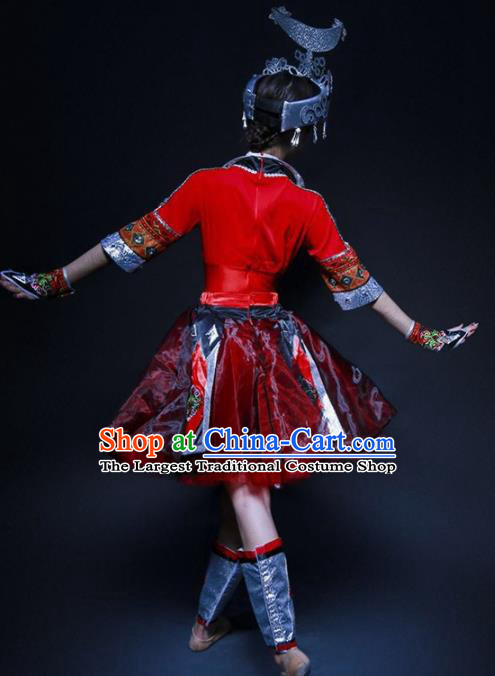 Chinese Miao Nationality Ethnic Dance Costume Traditional Hmong Minority Dance Red Bubble Dress for Women