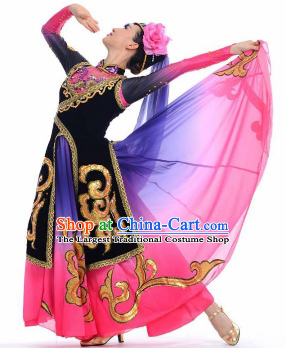 Chinese Traditional Uyghur Nationality Ethnic Dance Rosy Costume Minority Folk Dance Dress for Women