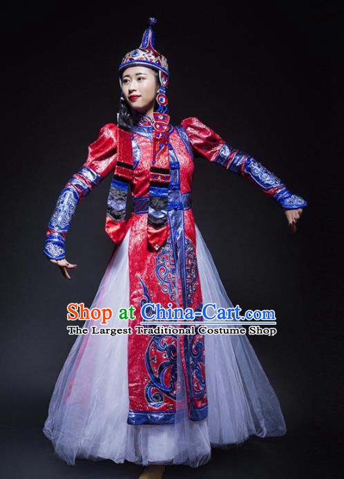 Chinese Traditional Mongol Nationality Ethnic Dance Costume Minority Princess Folk Dance Red Dress for Women