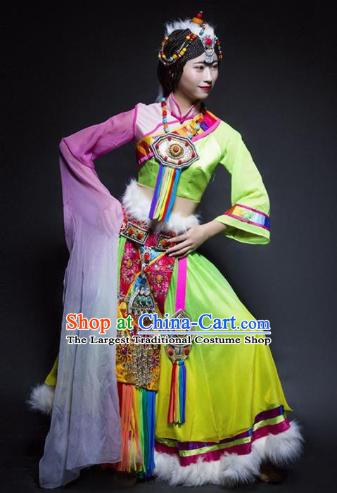 Chinese Traditional Zang Nationality Ethnic Dance Costume Tibetan Minority Folk Dance Green Dress for Women
