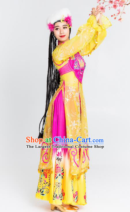 Chinese Traditional Uyghur Nationality Ethnic Dance Costume Uigurian Minority Folk Dance Yellow Dress for Women