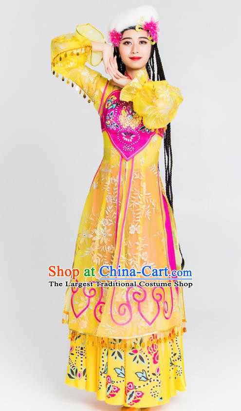 Chinese Traditional Uyghur Nationality Ethnic Dance Costume Uigurian Minority Folk Dance Yellow Dress for Women