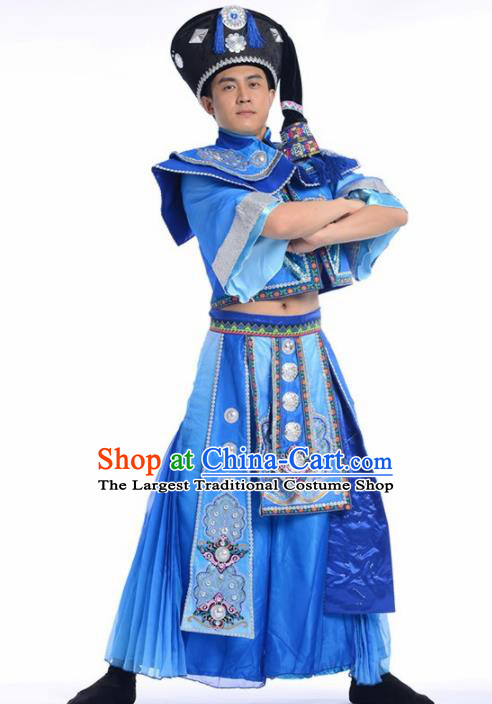 Chinese Miao Nationality Ethnic Dance Costume Traditional Hmong Minority Dance Blue Clothing for Men