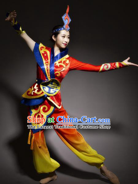 Chinese Mongol Nationality Ethnic Red Costume Traditional Minority Folk Dance Stage Performance Clothing for Women