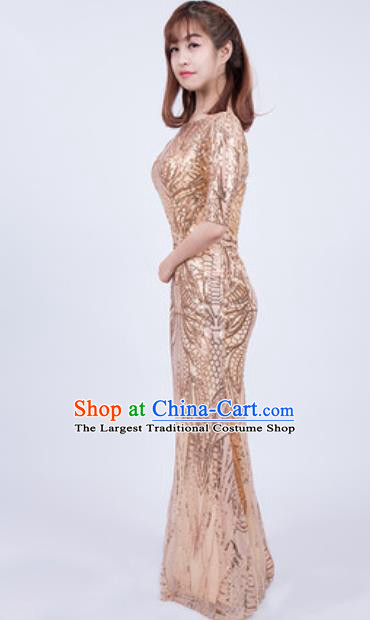 Top Grade Stage Performance Golden Full Dress Compere Modern Fancywork Modern Dance Costume for Women