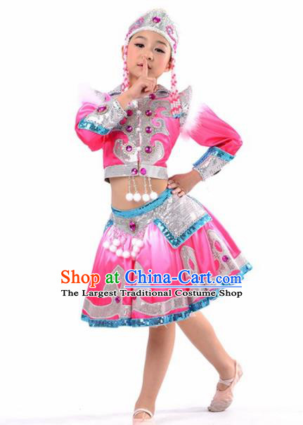 Chinese Mongol Nationality Ethnic Pink Costume Traditional Minority Folk Dance Stage Performance Clothing for Kids